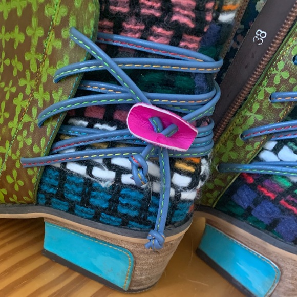 Unique blue leather boot with fabric detail. - Picture 2 of 3